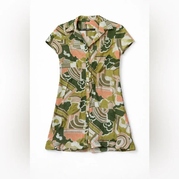 Anthropologie Short Printed Button-Front Mini Dress in Green and Pink - Picture 5 of 6